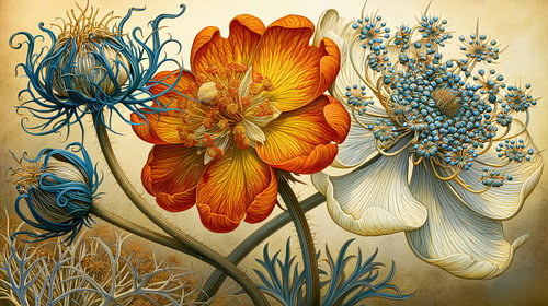 Botanical Fantasy in Orange and Blue