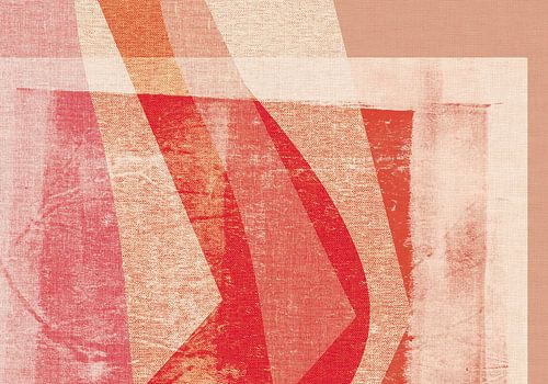 Abstracte vormen op linnen in rood, beige, roze.