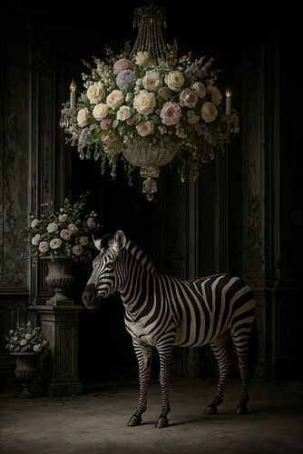 Zebra in zwart-wit met bloemenpracht in kleur