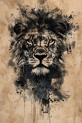 Abstract zwart-wit leeuwenportret met verfspetters