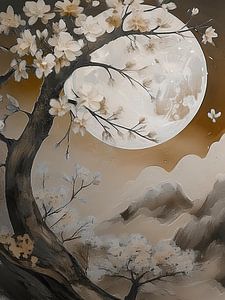 Atmosphärische Japandi-Landschaft. Blüte Baum bei Vollmond