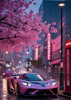 Une hypercar garée sous la douce lueur rose des cerisiers en fleurs, un soir de pluie.