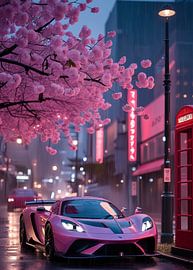 Ein Hypercar, das an einem regnerischen Abend unter dem sanften rosa Schein der Kirschblüten geparkt ist