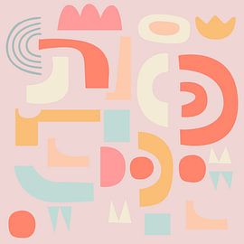 Vrolijke vormen. Retro collage in roze, oranje, lichtblauw, geel van Dina Dankers