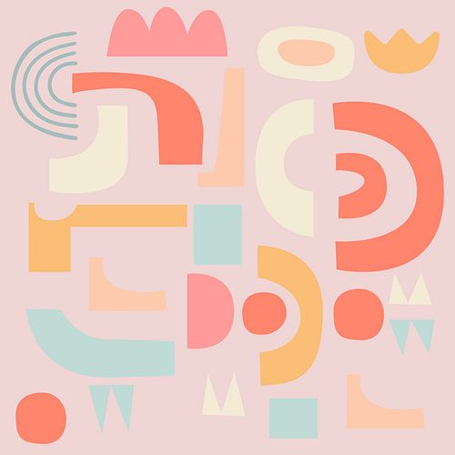 Vrolijke vormen. Retro collage in roze, oranje, lichtblauw, geel