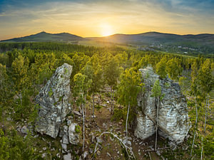 Schnarcherklippen im Harz, Deutschland bei Sonnenuntergang