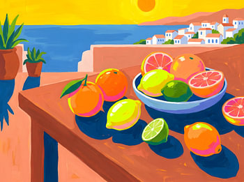 Lebendiges mediterranes Stillleben mit Zitrusfrüchten und Blick auf die Küste
