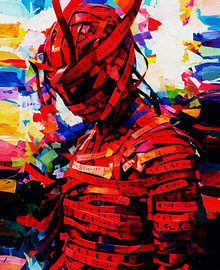 Wrapped in Words – Red Paper Strips Figure Art