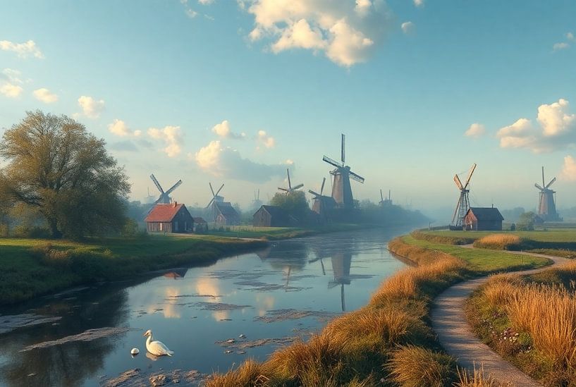 Mills on the Water with Swan in the Morning Mist by Kleurenrijk