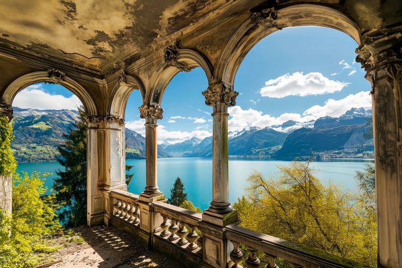 Verlassener Palastbalkon – See- und Bergblick von BowiScapes Abstrakt und digitale Kunst