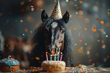 Grappige verjaardagsfoto met paard in jaren 60 disco stijl van Felix Brönnimann