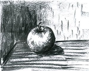 Pomme sur une table dessin au fusain noir et blanc