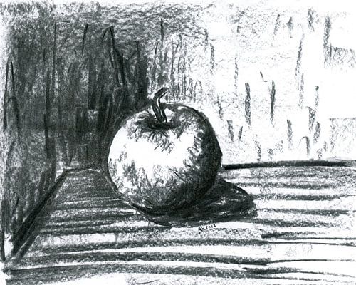 Pomme sur une table dessin au fusain noir et blanc