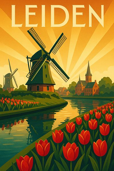 Affiche de voyage Art déco de Leyde - Art moulin à vent et tulipe par Travel Shop