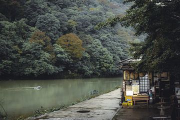 Regenachtige dag bij een restaurant in Arashiyama in Kyoto van Mickéle Godderis