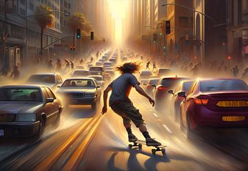 Skateboarding during rush hour at sunset by Eye on You