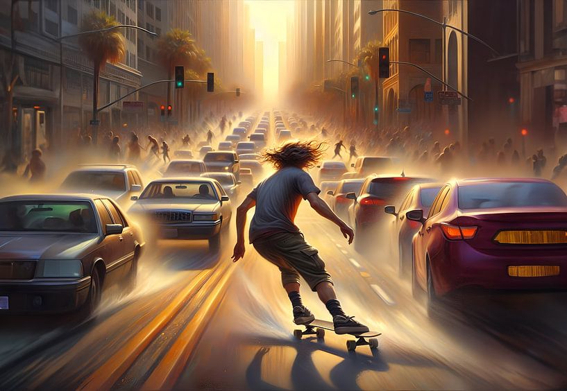 Skateboarden tijdens spitsuur bij zonsondergang van Eye on You