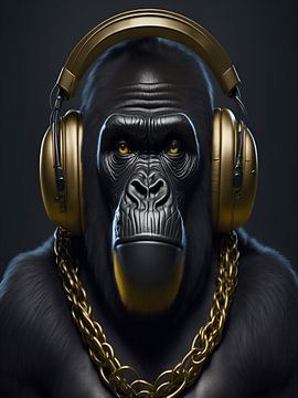 Gorilla met hoofdtelefoon van Santiago Diaz Leon