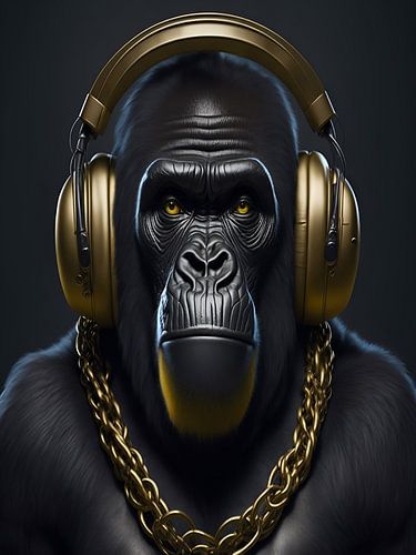 Gorilla with headphones