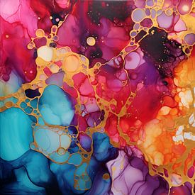 Abstract paining with alcohol ink, vibrant colors and gold by Evelien Doosje