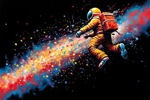Astronaut zwevend in kleurenexplosie