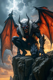 Dark Fantasy Art Wandbild: VARKHOR - Der geflügelte Dämon auf einem Berg