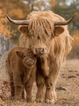 Scottish highlander, mother & child by Bert van Beek