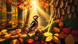 Autumn melody: Woodpecker in a play of rays by artefacti