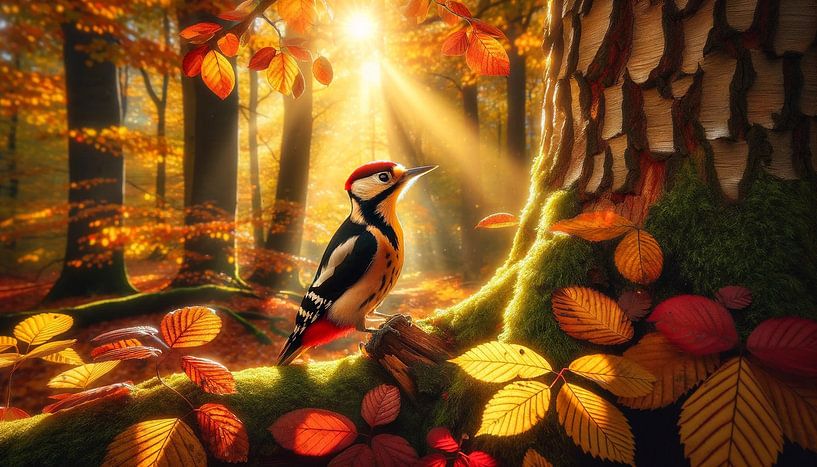 Autumn melody: Woodpecker in a play of rays by artefacti