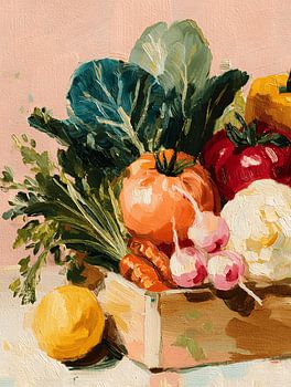 Buntes Gemüsestillleben in Holzkiste