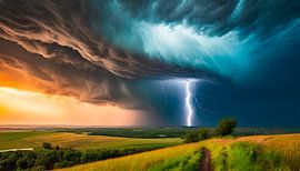 Tornado storm, bliksem en donkere wolken in het landschap