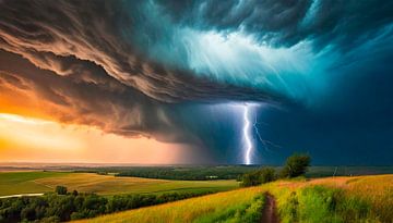 Tornado storm, bliksem en donkere wolken in het landschap van Mustafa Kurnaz