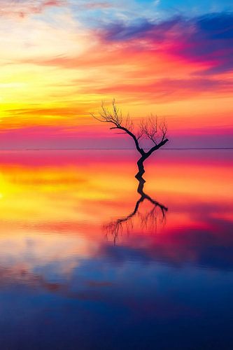 Eenzame boom in kleurrijk water