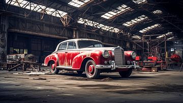 Oude rode klassieke auto in de hangar van Animaflora PicsStock