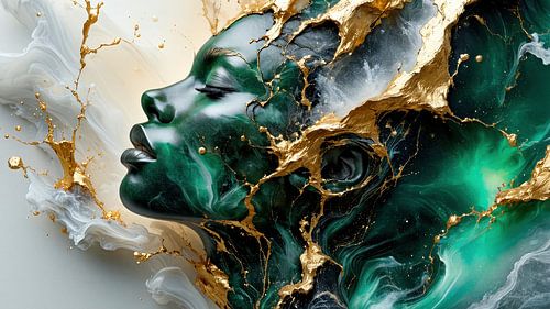 Gezicht van een vrouw - Geboren uit de smaragdgroene steen - het ontwaken van een vrouw tussen materie en licht