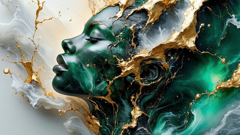 Face of a woman - Born from the emerald green stone - the awakening of a woman between matter and light by AidasignArt