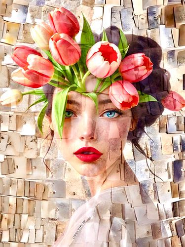 Tulp en Portret | Een vrolijke afbeelding van een portret van een vrouw met tulpen op haar hoofd. De kleurschakeringen van de tulpen zijn rood, roze en wit.