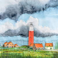 Texel | Le phare d'Eierland et les maisons de la Vuurtorenweg | Aquarelle peinte à la main