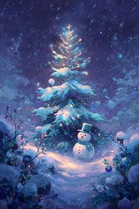 Schneemann am beleuchteten Baum Winterwunder in blauem Licht
