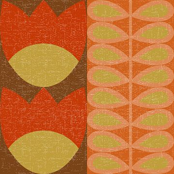 Retro 70s vintage inspired art with stylized flowers and leaves in brown, orange and yellow by Dina Dankers