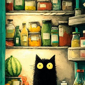 Zwarte kat in de open koelkast van Erika Kaisersot