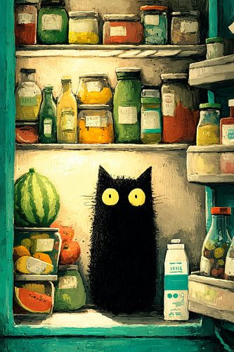Zwarte kat in de open koelkast