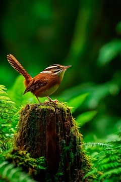 Schattige vogel in het bos op een boomstronk van Poster Art Shop