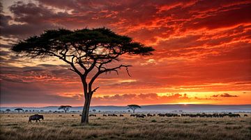 Serengeti in het vuurlicht van de zonsondergang van Klaus Tesching - Art-AI