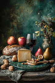 Käse und Wein – Elegantes grünes Stillleben von Joriali Fine Art