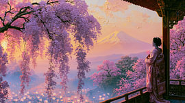 Geisha in Japan bei Sonnenuntergang über dem Fuji von Egon Zitter