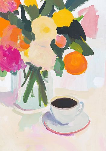 Stilleven koffie bloemen fauvisme modern naïeve kunst