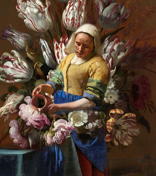 Het Melkmeisje in bloemenzee van Digital Art Studio