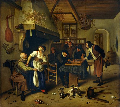 Herberginterieur met een oude man, die zich amuseert met de waardin, en triktrakspelers, bekend als 
