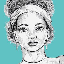 Portret jonge Afrikaanse vrouw in grijs tint met lichtblauwe achtergrond van Emiel de Lange